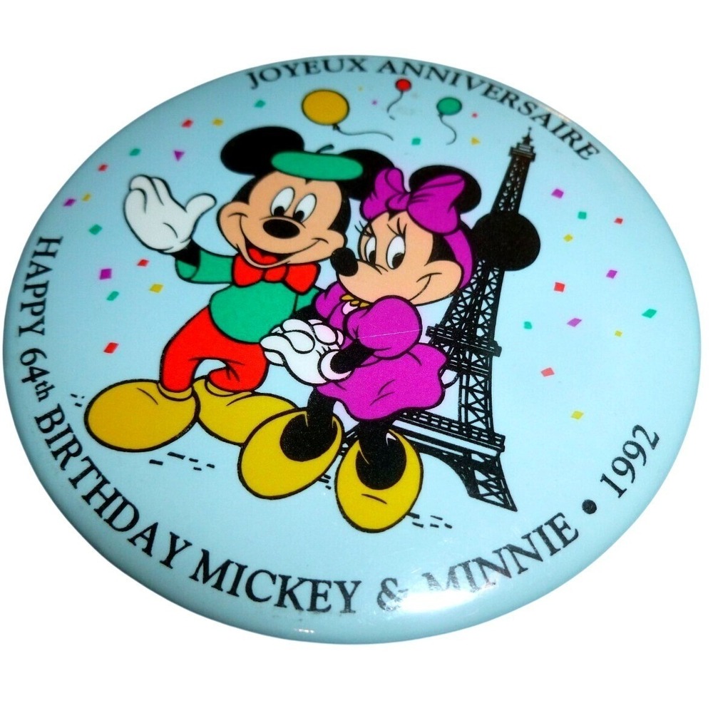 Disney Happy‎ 64th Birthday Mickey & Minnie 1992 Disneyland Paris Pinback Button